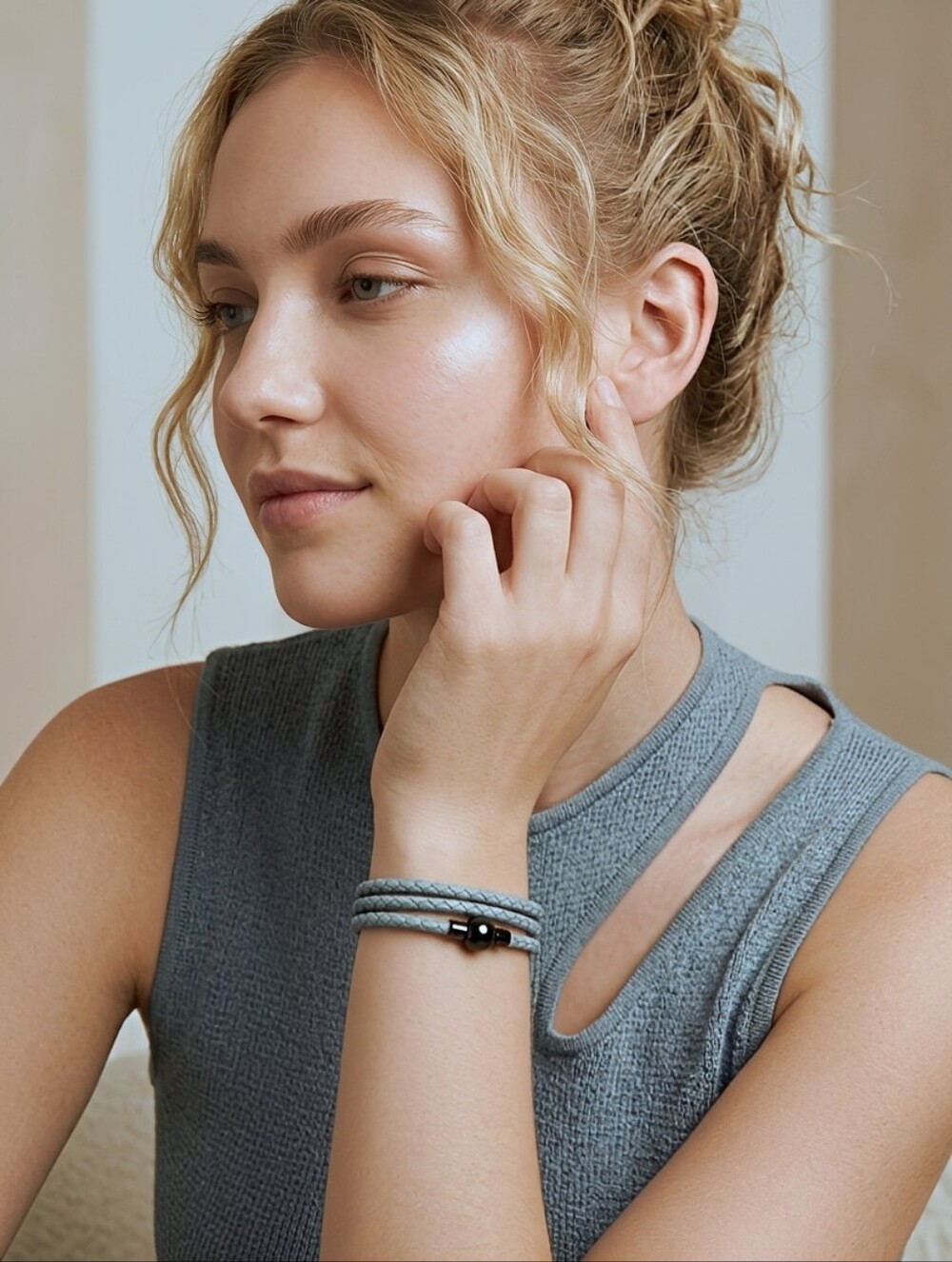 Linx Triple Wrap Blue Leather Braided Bracelet with Black Magnetic Clasp